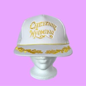Vintage 70s Cheyenne Wyoming Truck Hat Snapback Rope Band White Yellow